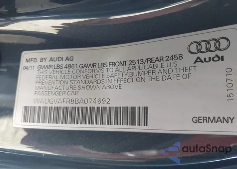 2011 Audi S5 4.2 Premium Plus из США, поврежденный, VIN WAUGVAFR8BA074692